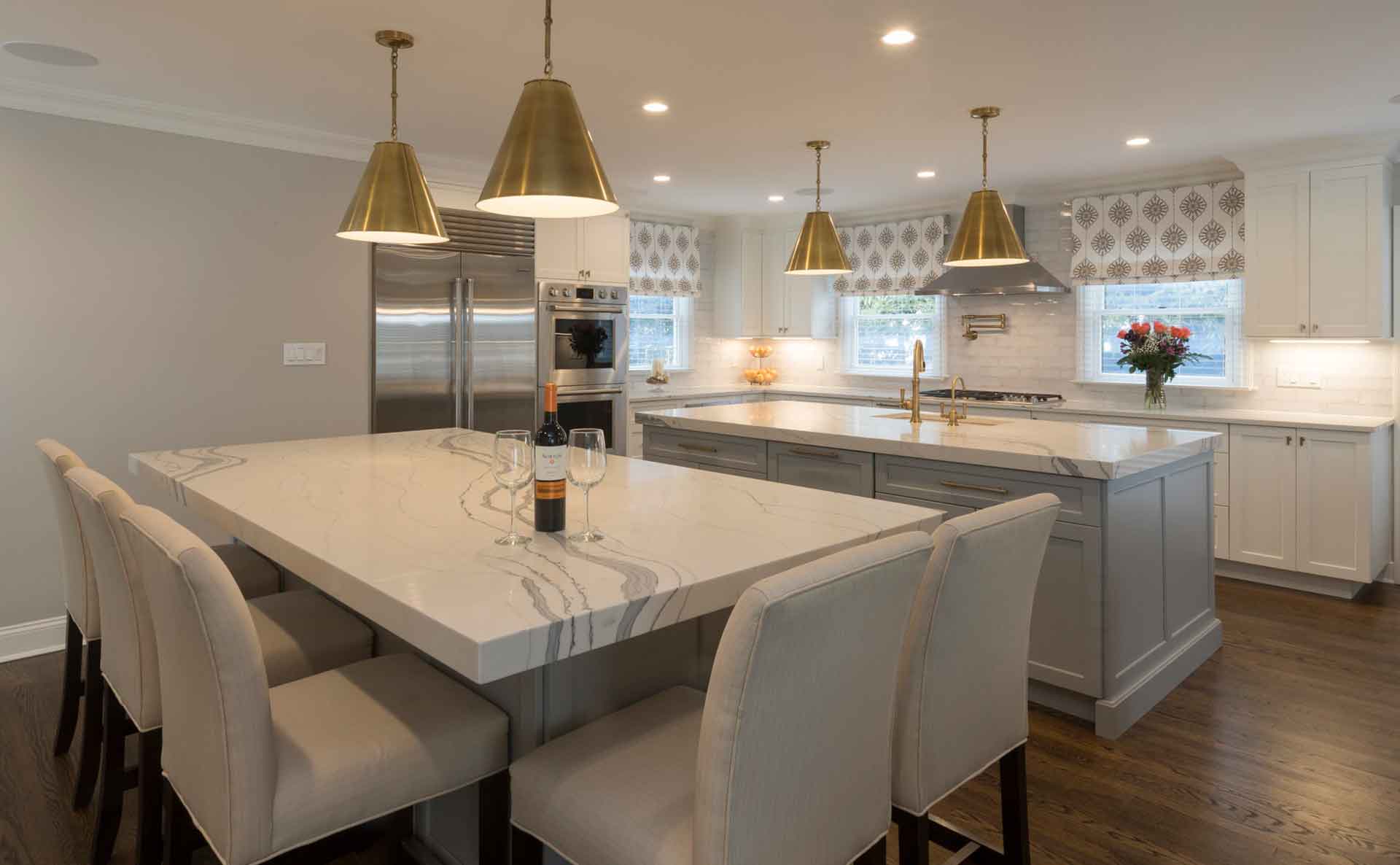 Cream colored kitchen and marble table