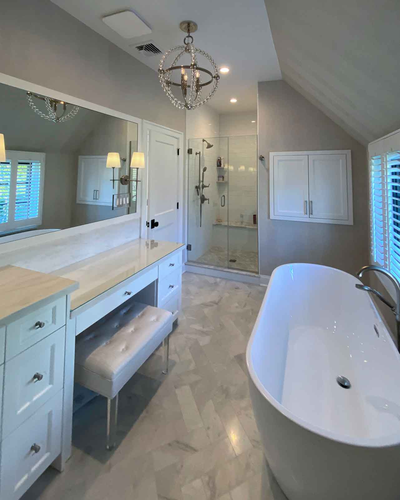 Full view bathroom sink, vanity, tub and shower