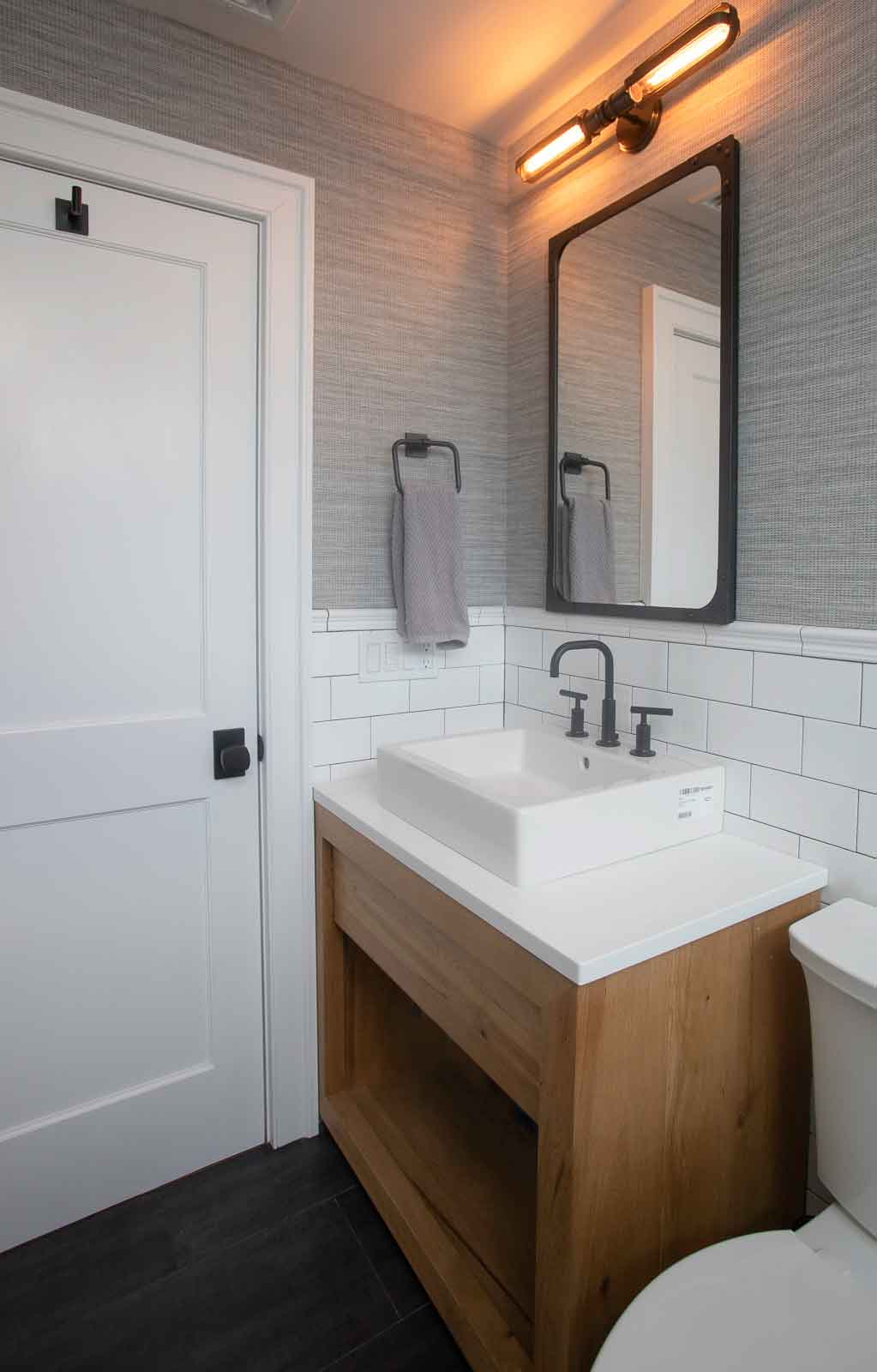 Bathroom vanity sink, mirror and toilet