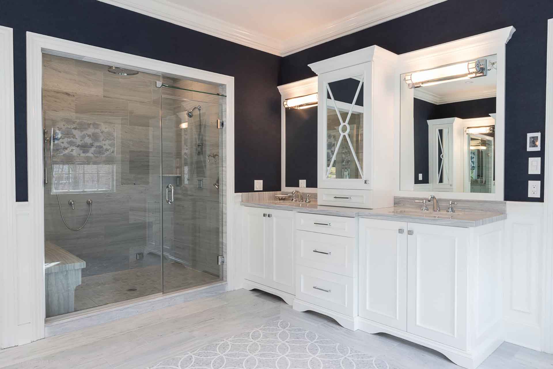 Bathroom sinks and glass shower