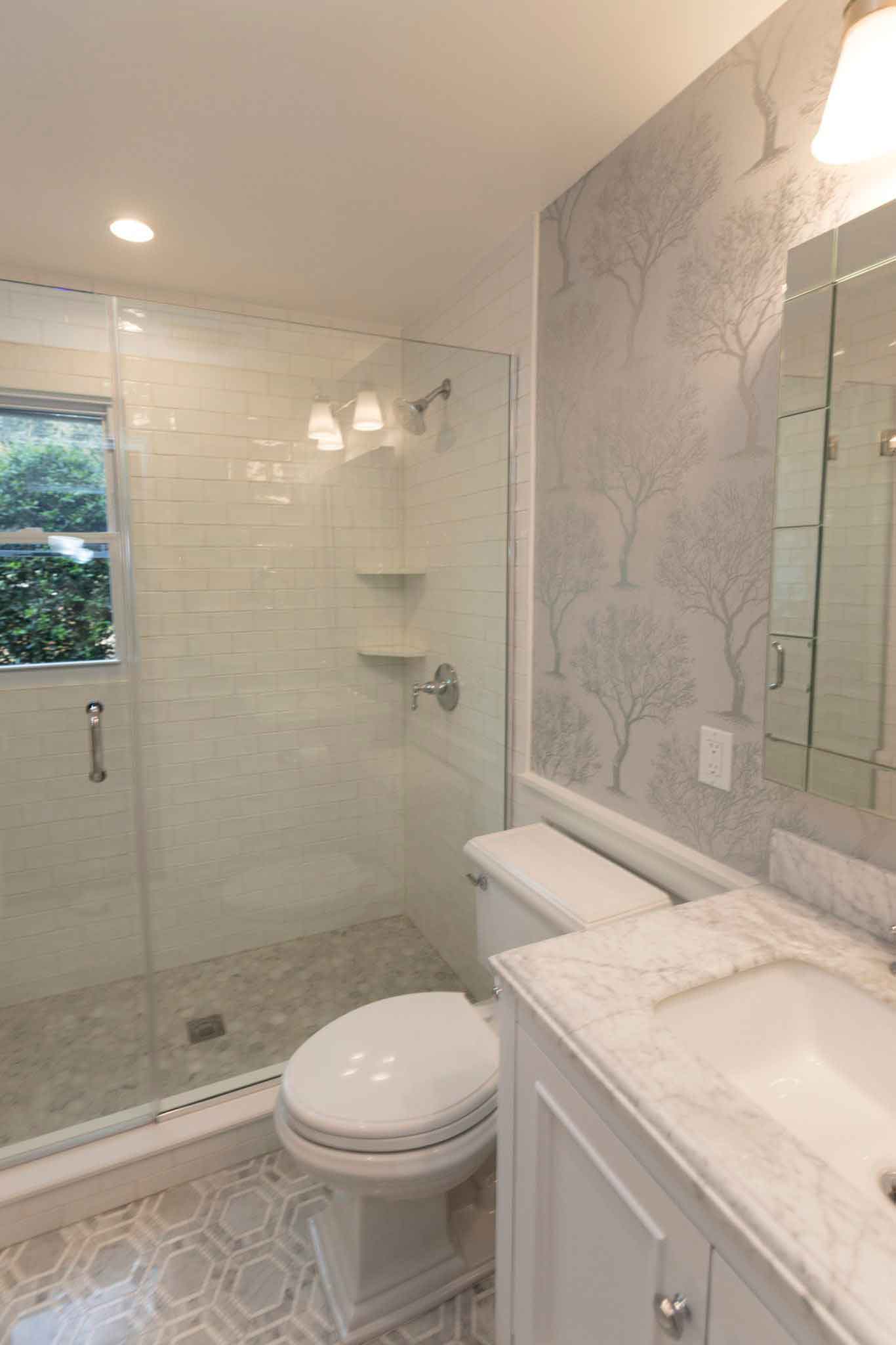 Bathroom sink, vanity, toilet and shower